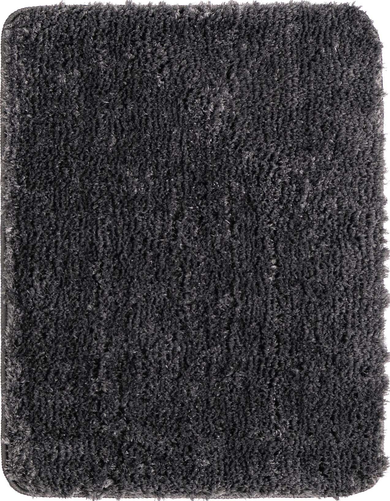A rectangular 2x3 gray shag bath mat with a textured pile and rounded corners, suitable for a modern bathroom.