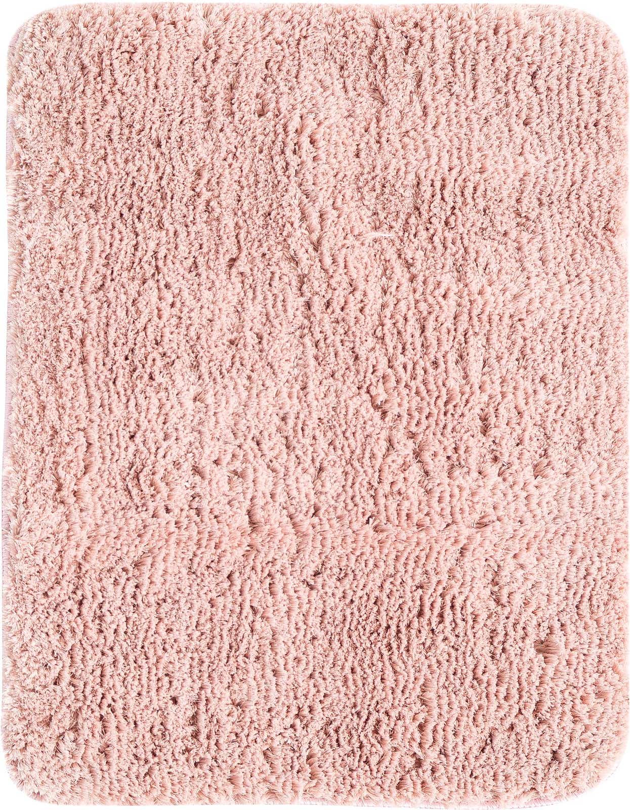 A plush 2x3 rectangular shag bath mat in a soft pink hue, featuring a textured pile and rounded corners.