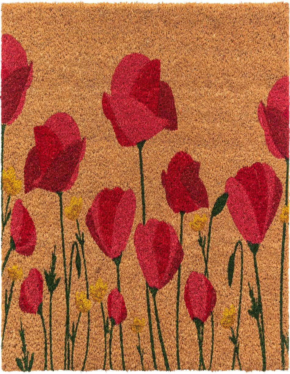 A rectangular coir doormat featuring a vibrant pattern of red poppy flowers with green stems and small yellow accents on a natural brown background.