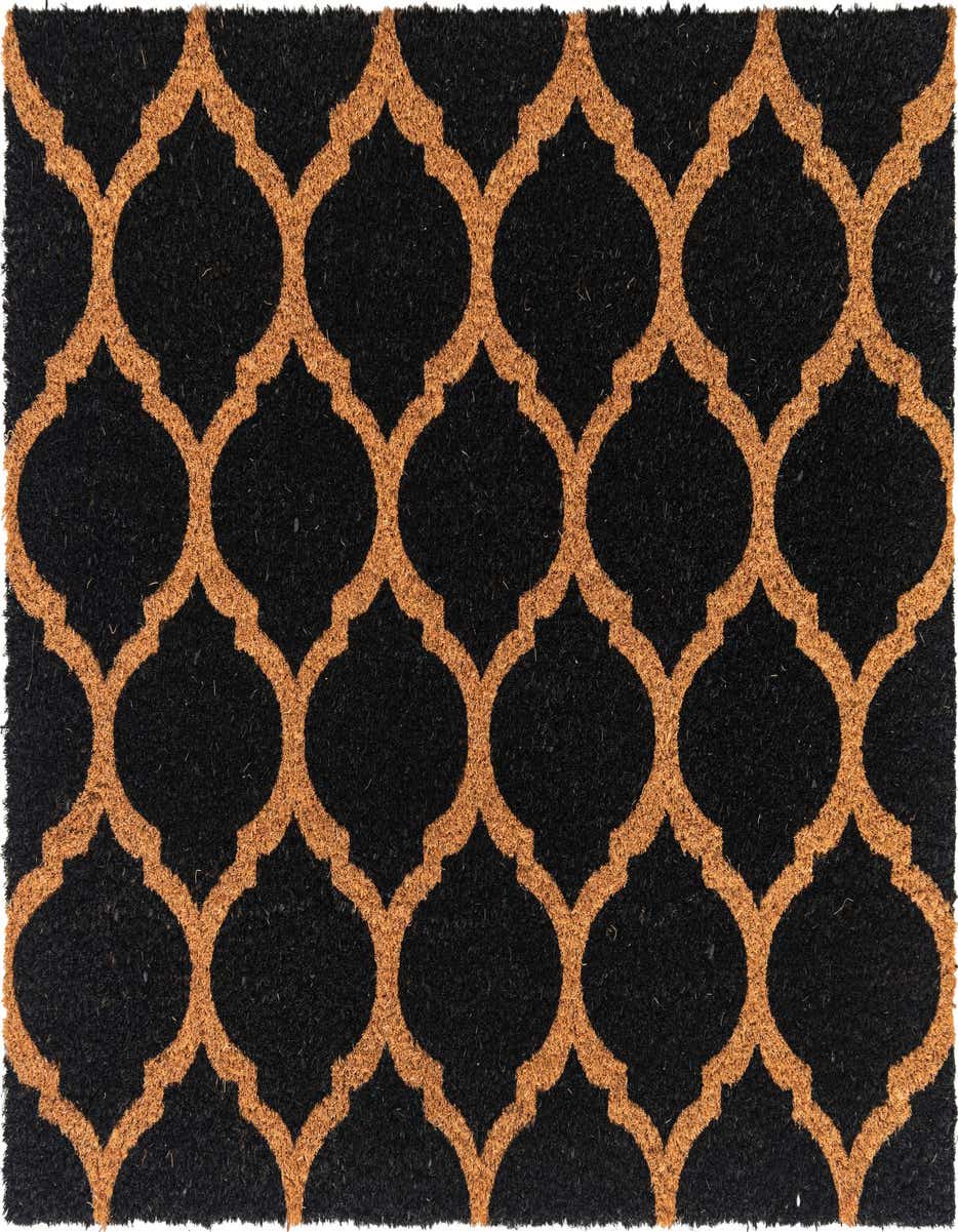 A 2x3 rectangular black coir doormat with a repeating tan Moroccan trellis pattern, suitable for an entryway.