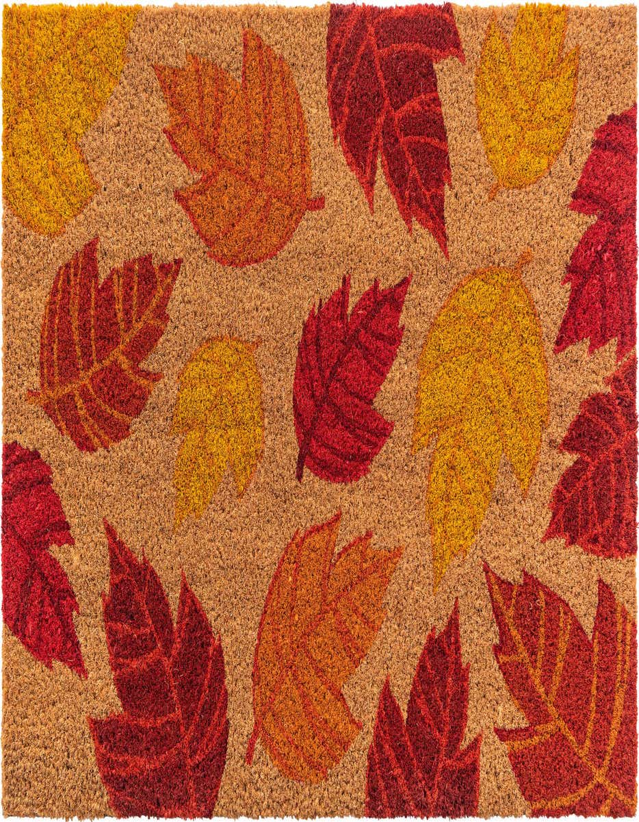A rectangular 2x3 coir doormat featuring a vibrant pattern of autumn leaves in red, orange, and yellow.