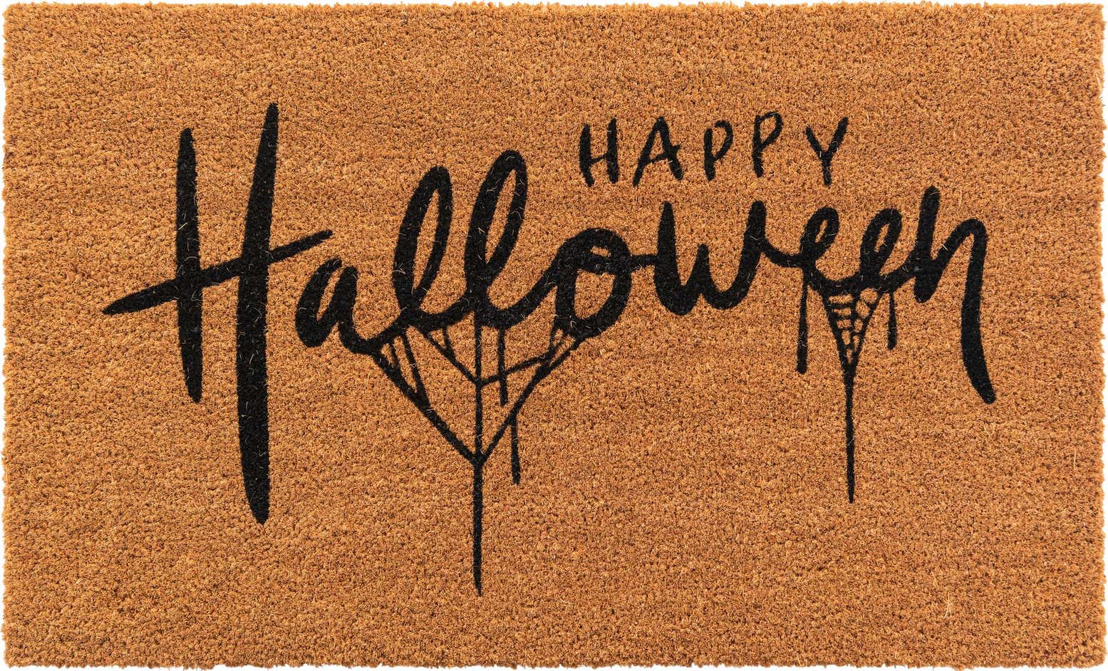A rectangular brown coir doormat with "Happy Halloween" in black script and spiderweb accents.