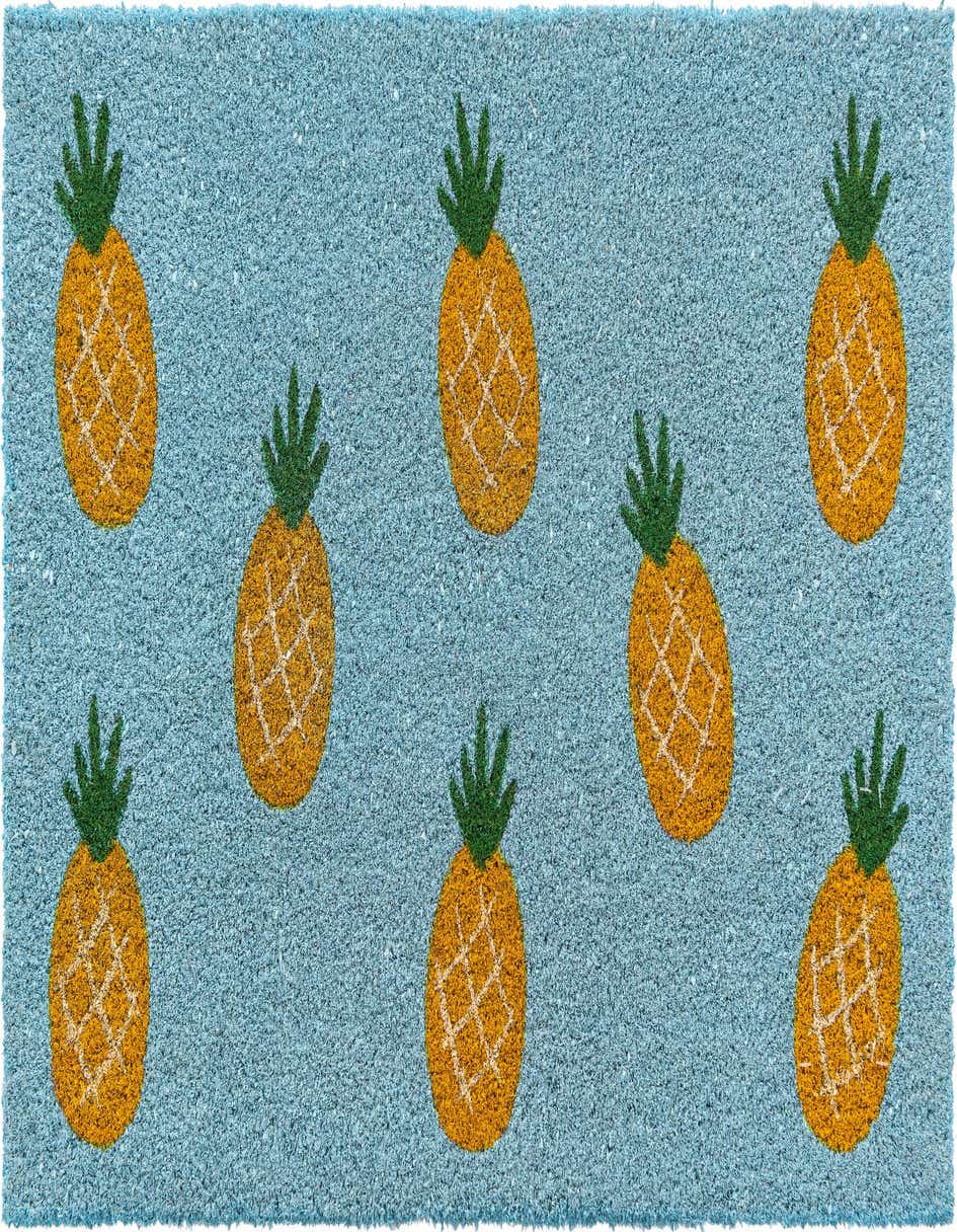 A 2x3 rectangular blue coir doormat featuring a playful pattern of yellow pineapples with green tops.