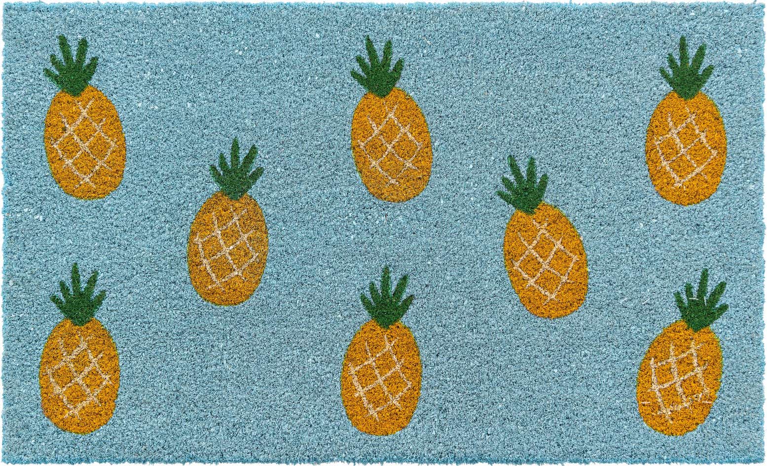 A 2x3 rectangular blue coir doormat featuring a playful pattern of yellow pineapples with green tops.