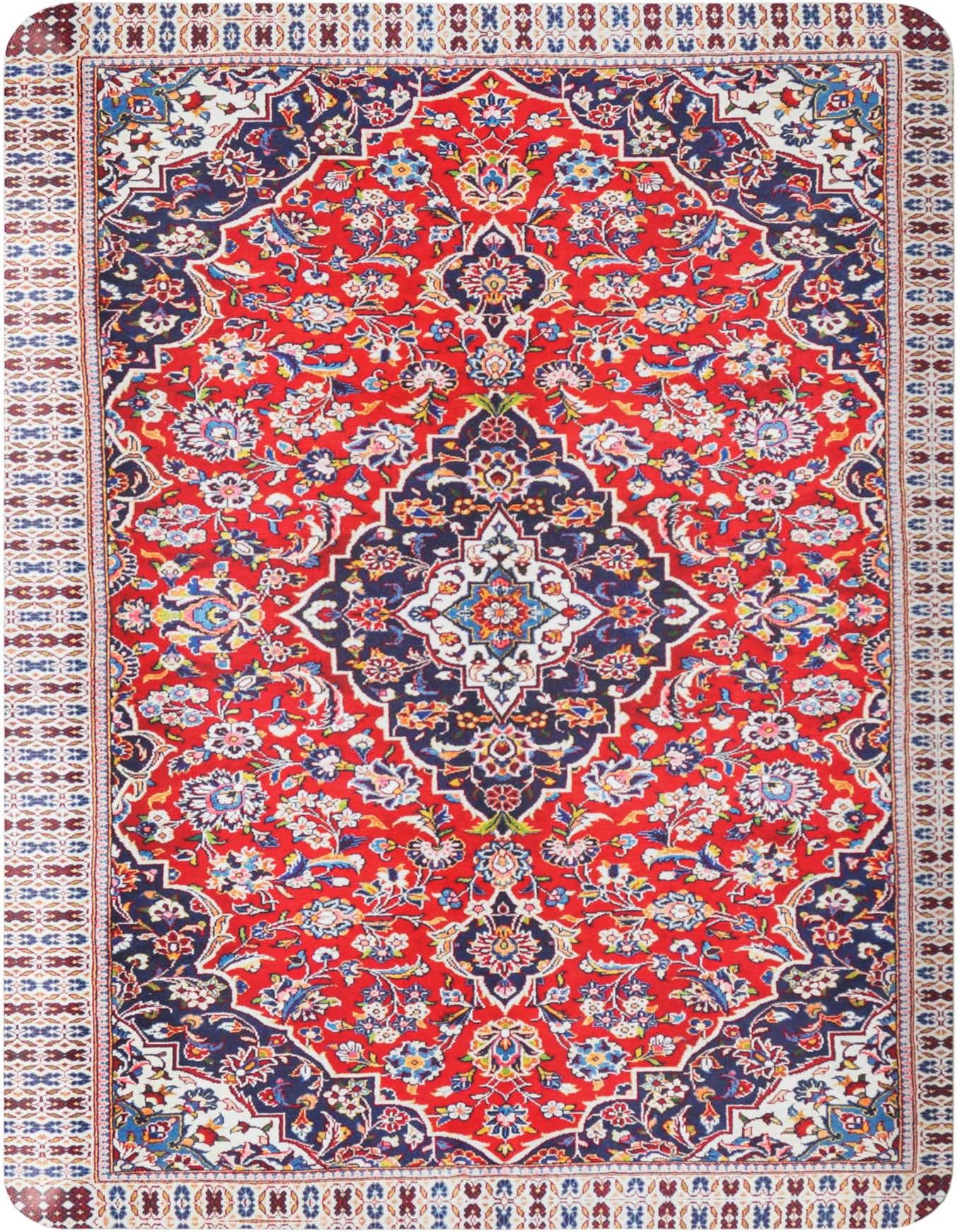 A 2x3 rectangular red rug with a detailed traditional floral pattern in navy, white, and light blue, featuring a central medallion.
