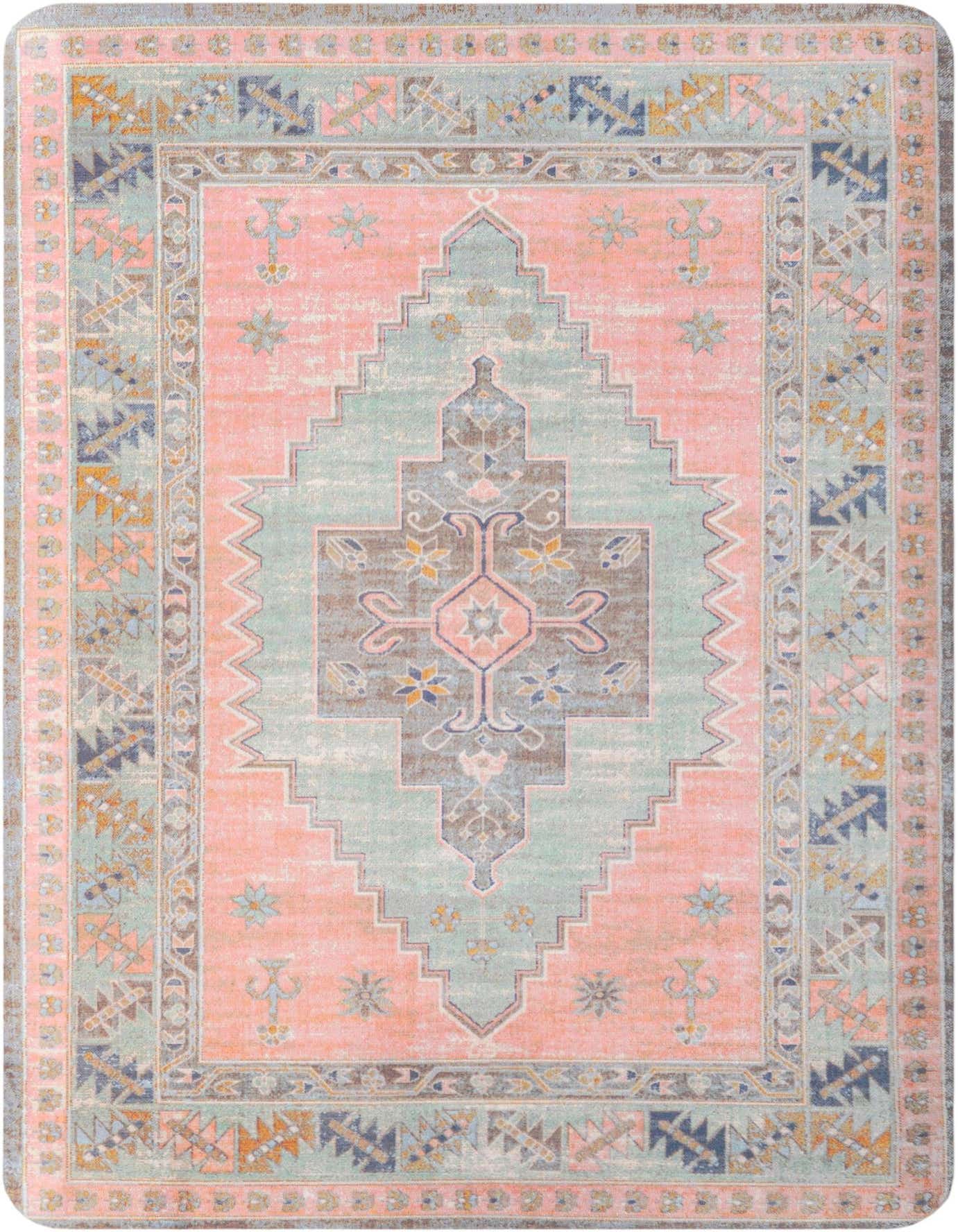 A rectangular 2x3 pink and red rug with a distressed geometric pattern and blue, orange, and gray accents.