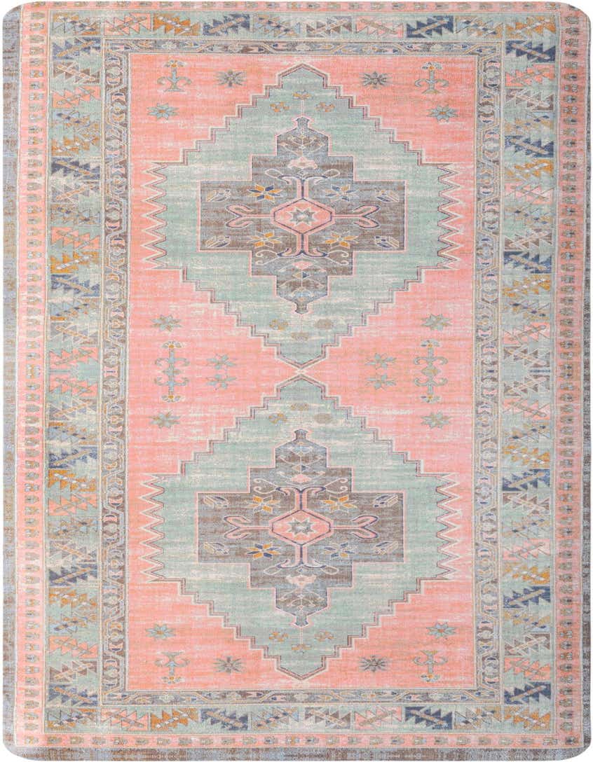 A 2x5 rectangular Comfort Mat rug from Rugs.com featuring a distressed pink and teal geometric pattern with traditional motifs.