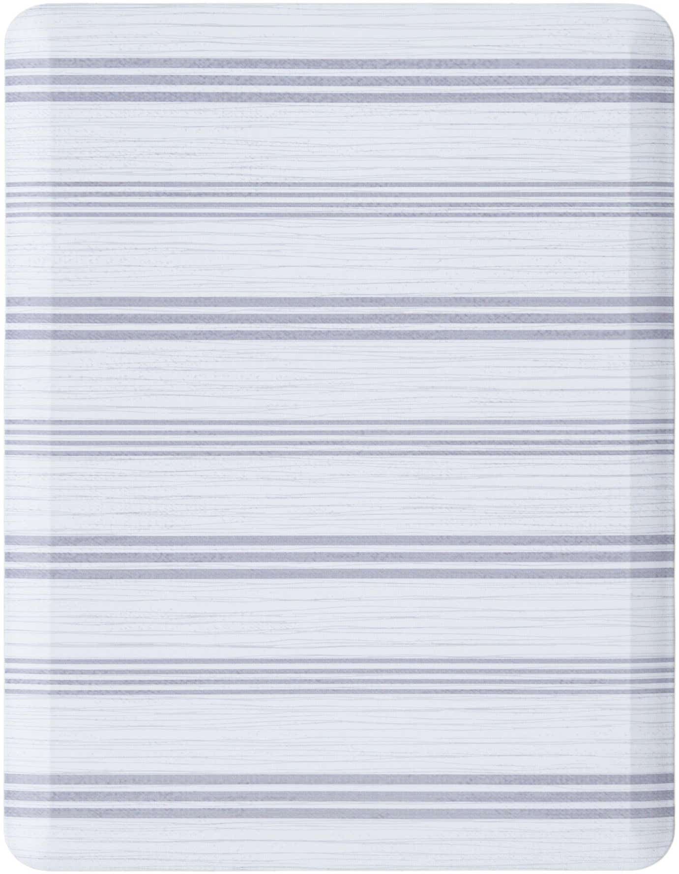 A rectangular 2x3 white rug with subtle horizontal gray stripes, featuring a textured, wood-grain like pattern.