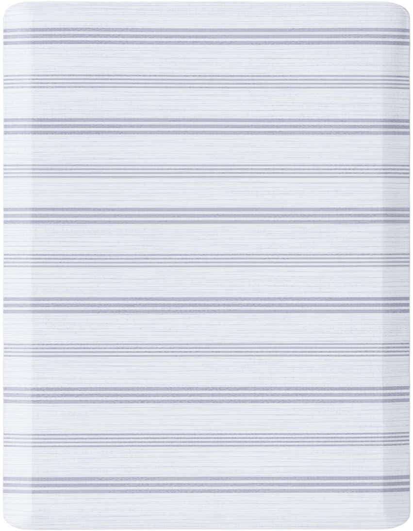 A 2x5 rectangular white rug with subtle horizontal grey stripes, featuring a textured, high pile surface.