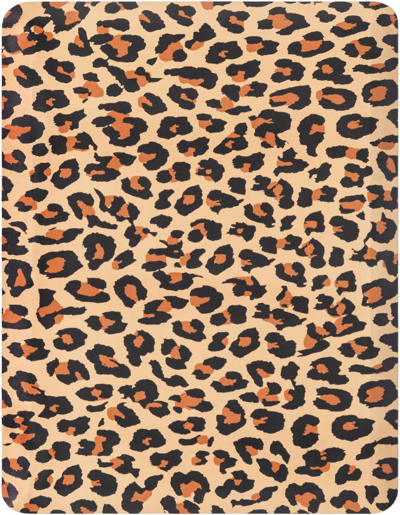 A rectangular 2x3 area rug featuring a vibrant leopard print pattern in shades of tan, brown, and black.