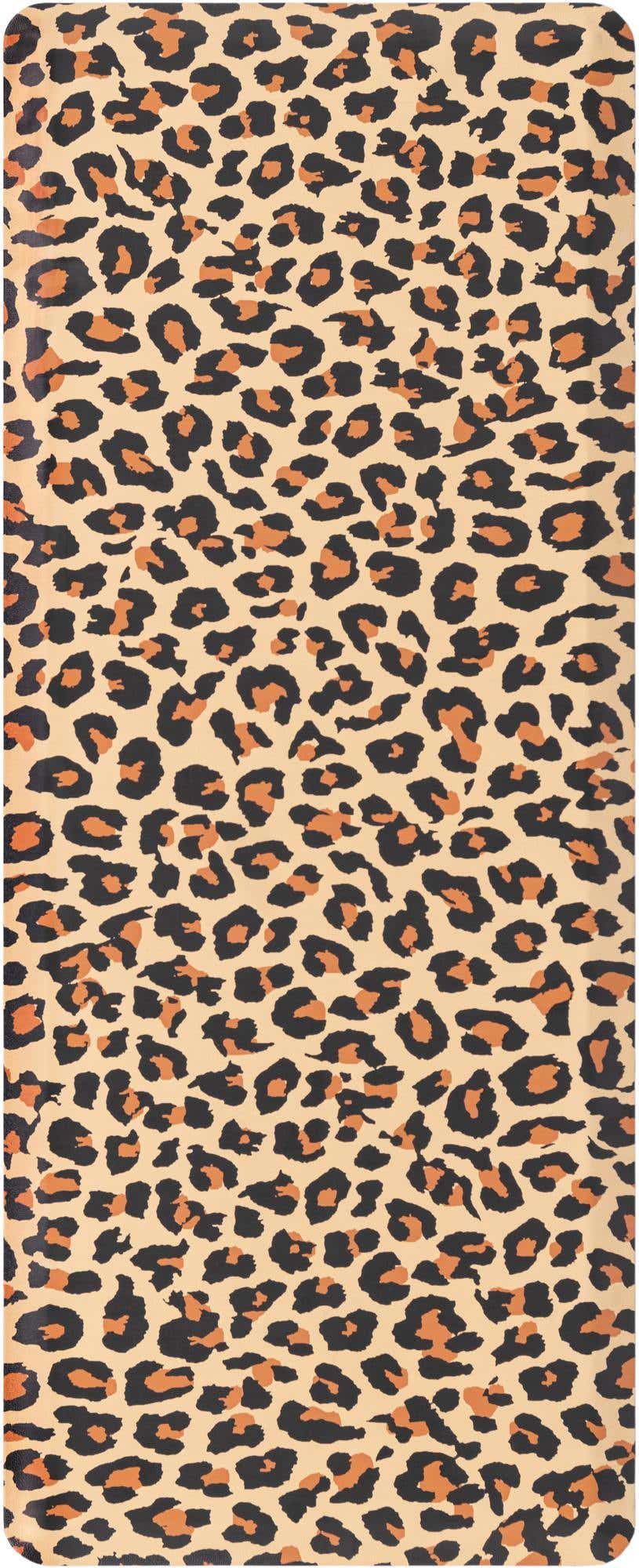 A rectangular 2x5 rug featuring a bold leopard print pattern in shades of tan, brown, and black.