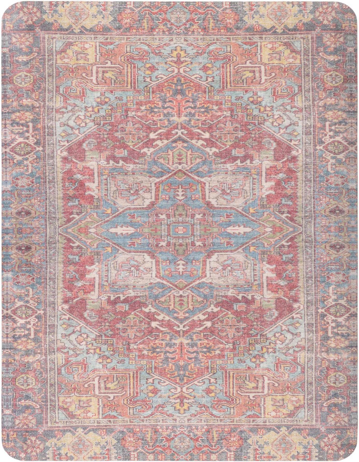A 2x3 rectangular Comfort Mat rug from Rugs.com, featuring a distressed traditional pattern in shades of red, blue, and beige.