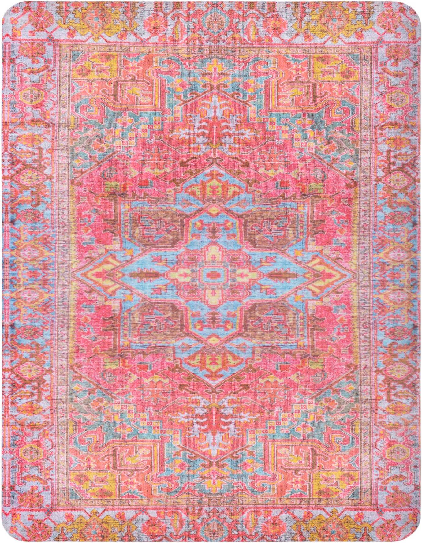 A rectangular 2x3 pink rug with a vibrant, intricate traditional pattern in shades of blue, yellow, and brown.