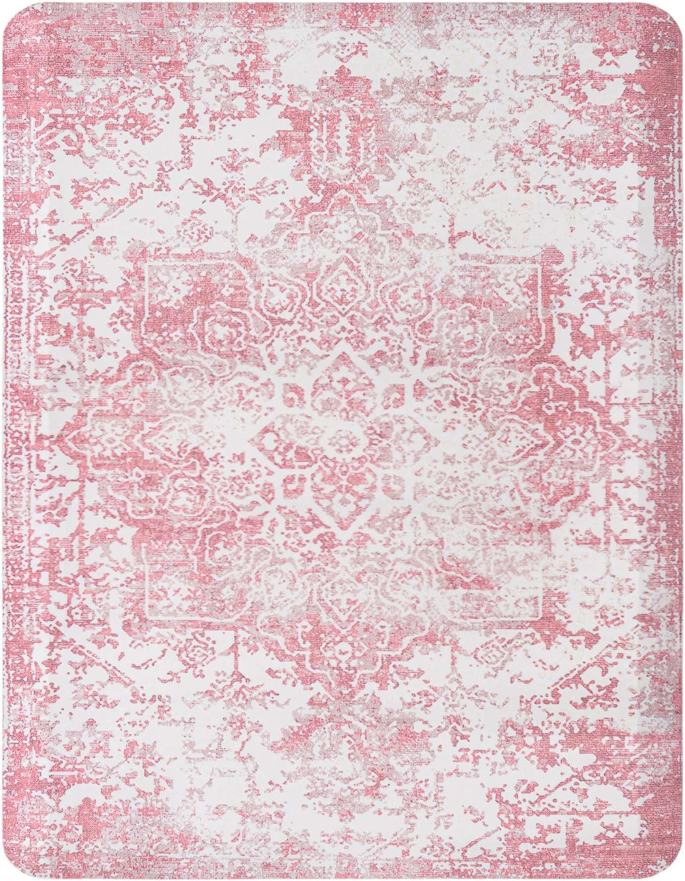 A 2x3 rectangular rug featuring a distressed traditional pattern in shades of pink and red on a white background.
