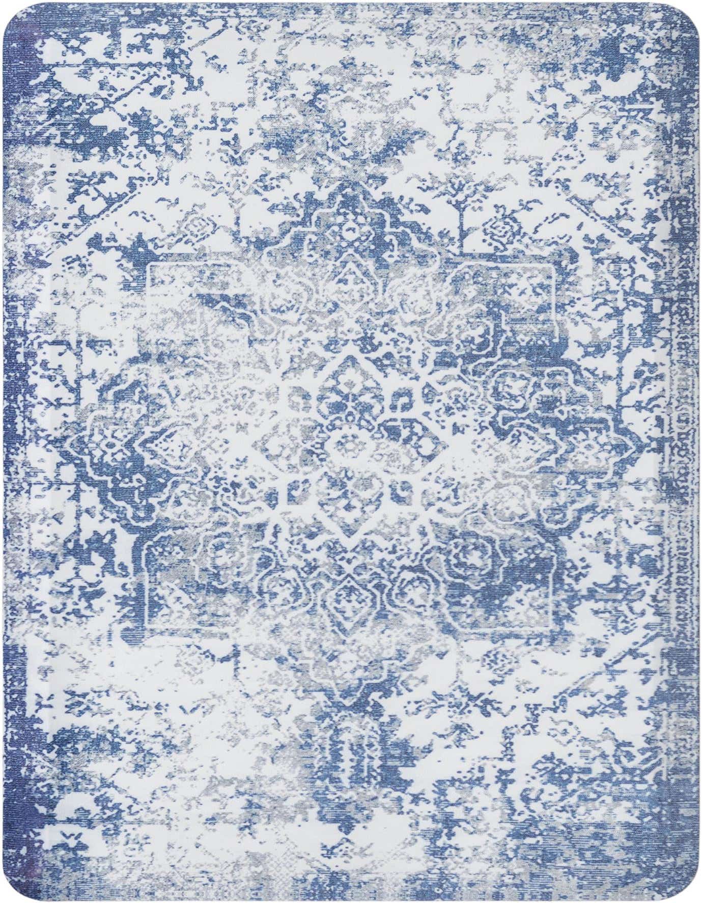 A rectangular 2x3 blue and white Comfort Mat rug with a distressed, ornate pattern, suitable for indoor use.