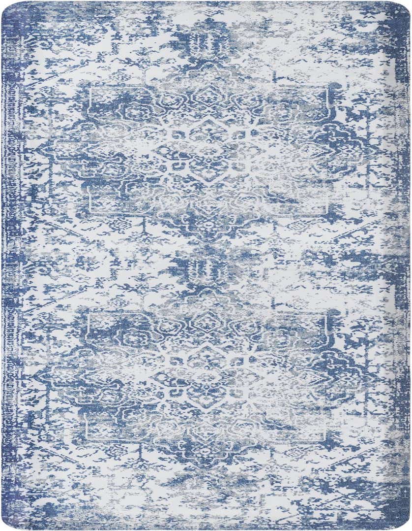 A 2x5 rectangular blue and white rug with a distressed, ornate pattern, suitable for an indoor hallway.