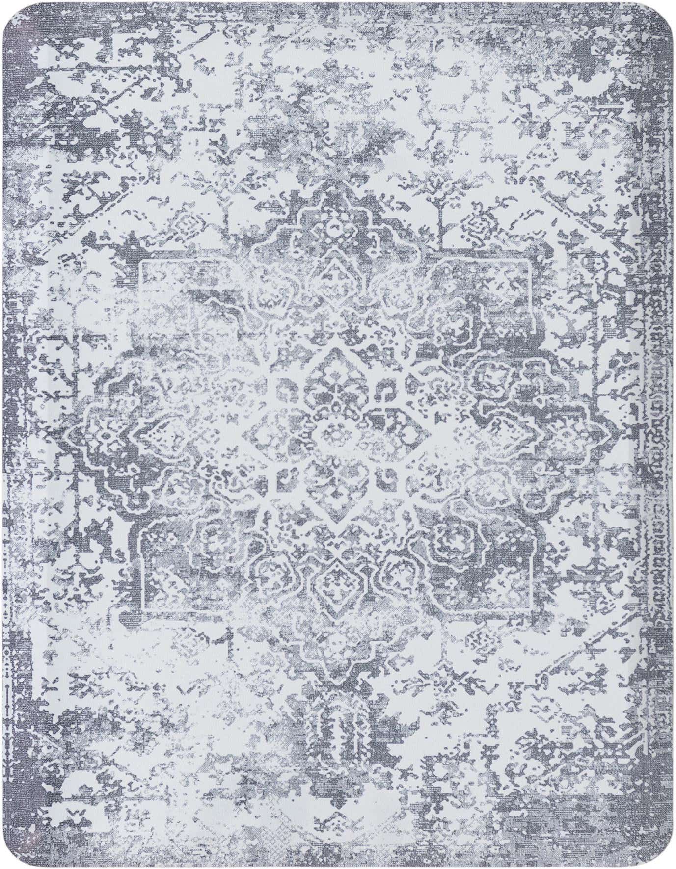 A rectangular gray and white distressed rug with a faded traditional medallion pattern, ideal for an indoor space.