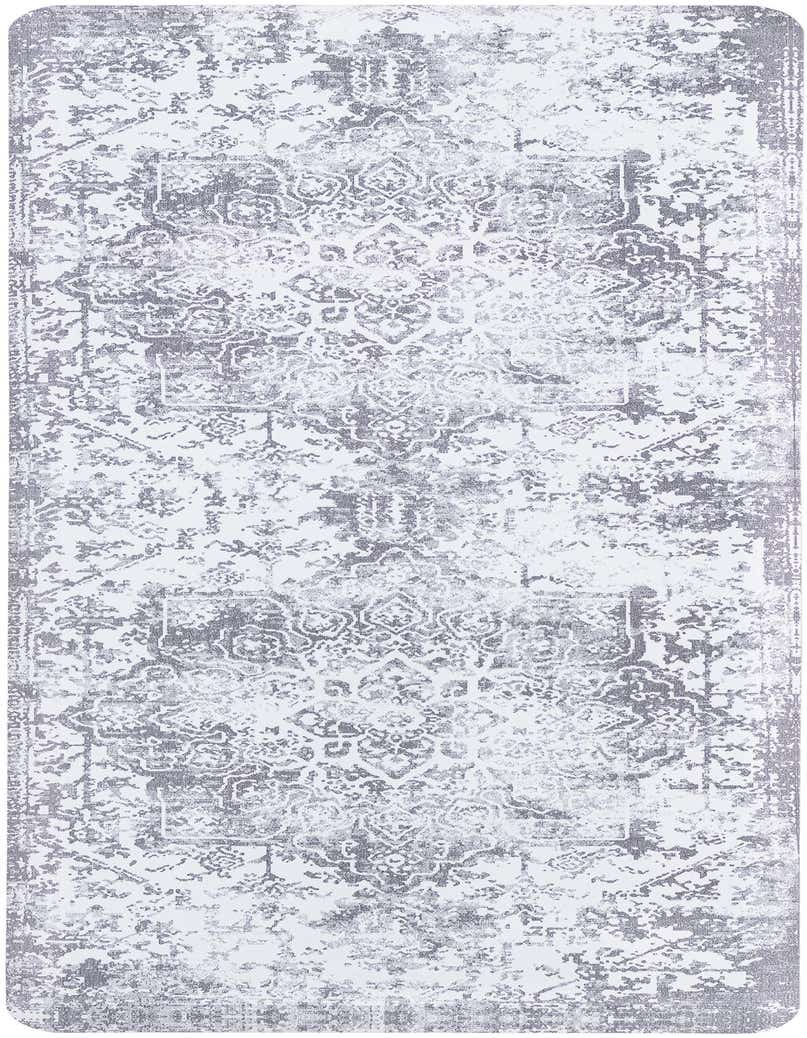 A 2x5 rectangular gray and silver rug with a distressed, faded traditional pattern, suitable for hallways or kitchens.