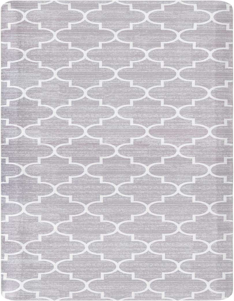 A 2x5 rectangular gray rug with a white quatrefoil pattern, featuring a distressed texture and non-slip backing, suitable for indoor use.