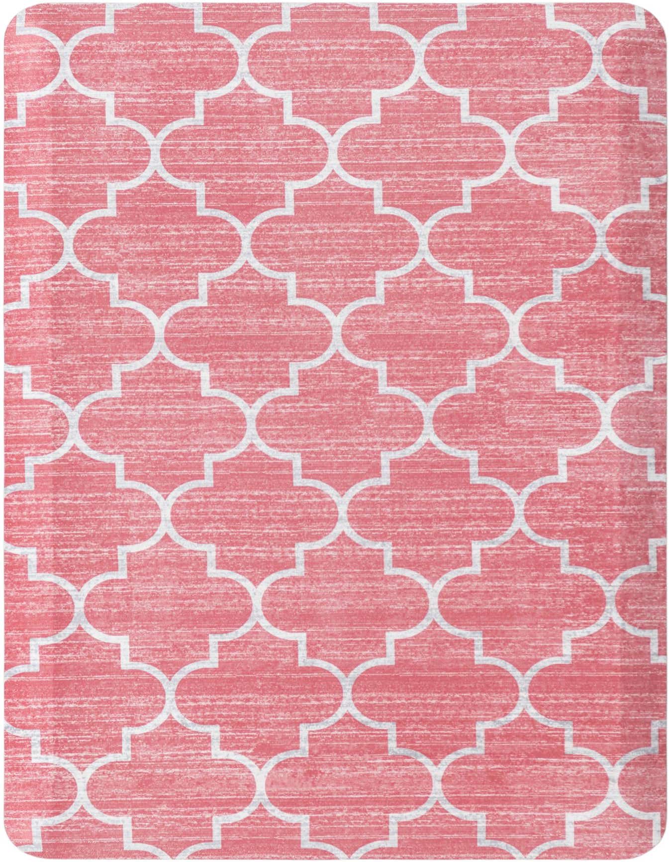 A 2x3 rectangular rug featuring a distressed pink background with a white quatrefoil geometric pattern, suitable for indoor spaces.