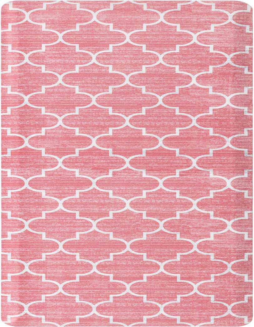 A 2x5 rectangular pink runner rug with a distressed texture and a white quatrefoil pattern.