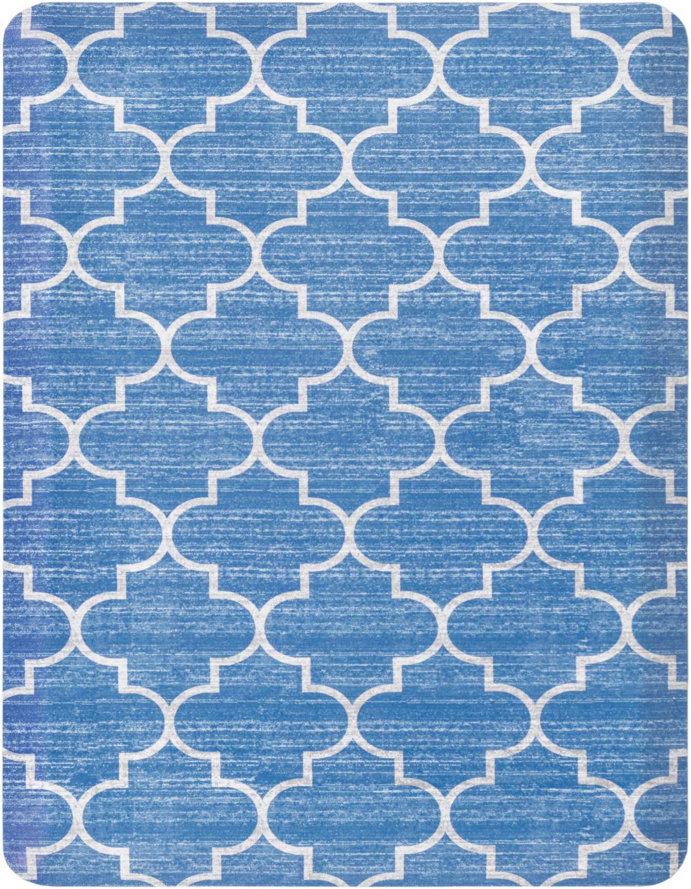 A rectangular 2x3 blue rug with a distressed white Moroccan trellis pattern, suitable for indoor use.