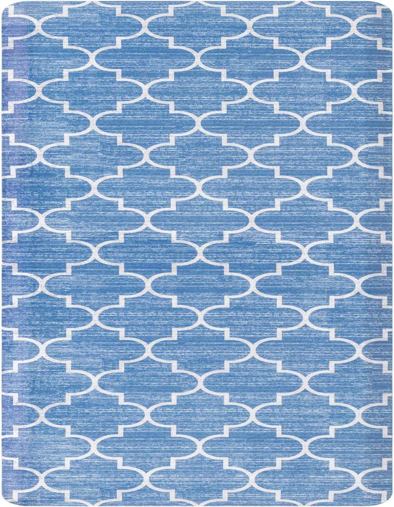 A 2x5 rectangular Comfort Mat rug in varying shades of blue with a distressed white quatrefoil pattern, featuring a high pile.