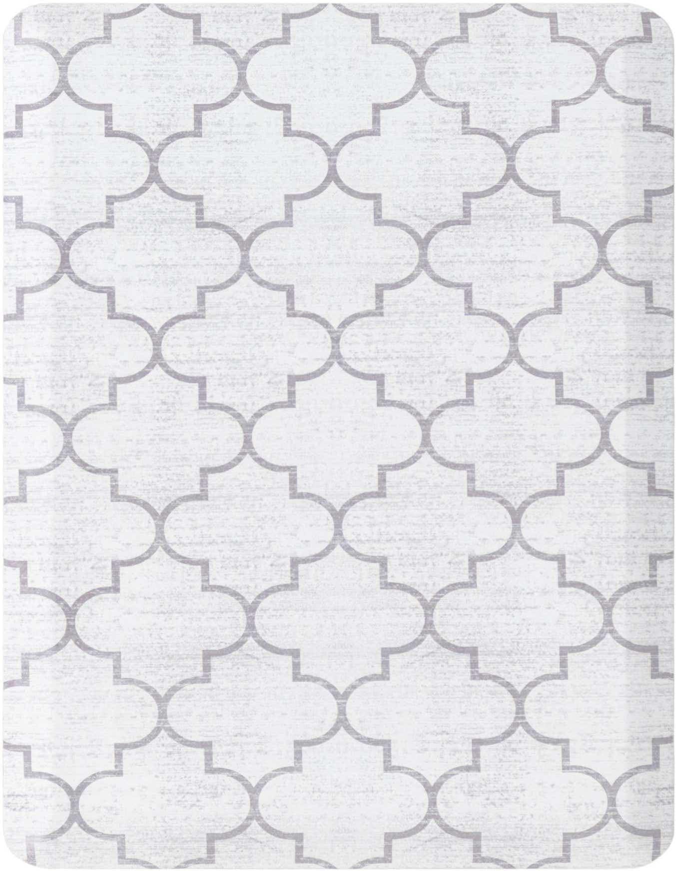 A 2x3 rectangular gray and white rug featuring a repeating quatrefoil pattern, ideal for an entryway or kitchen.