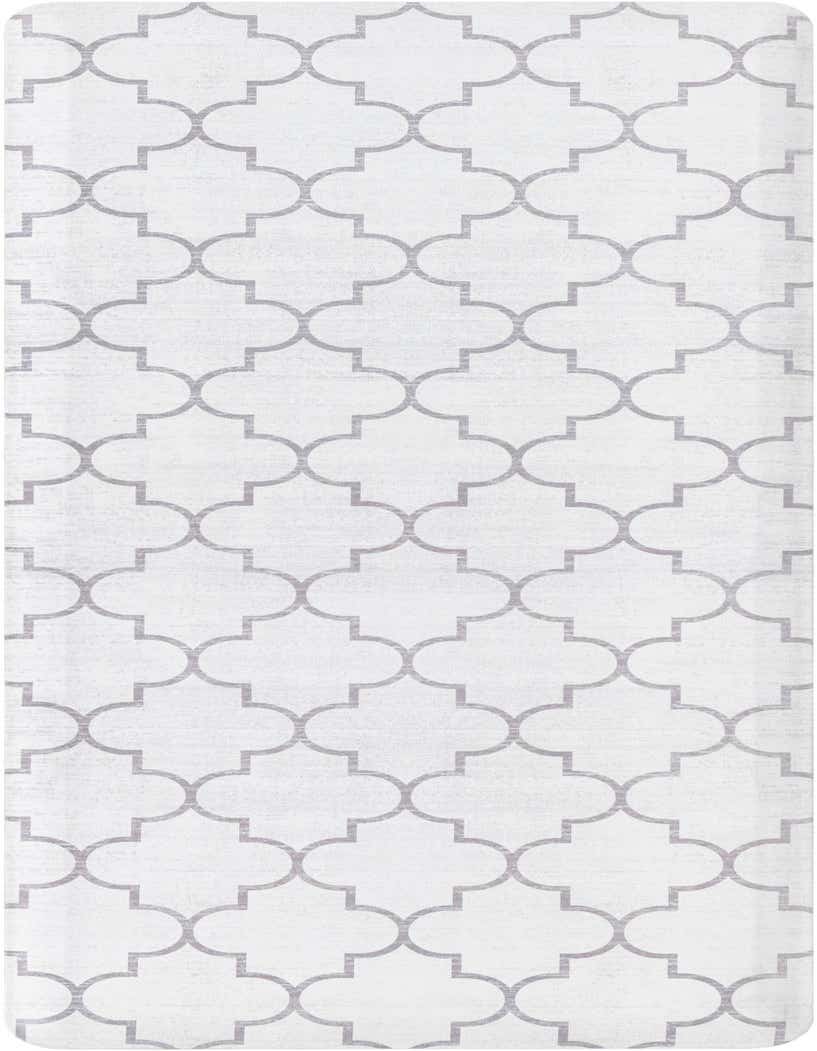 A 2x5 rectangular gray and white rug with a repeating quatrefoil pattern, ideal for an indoor hallway.