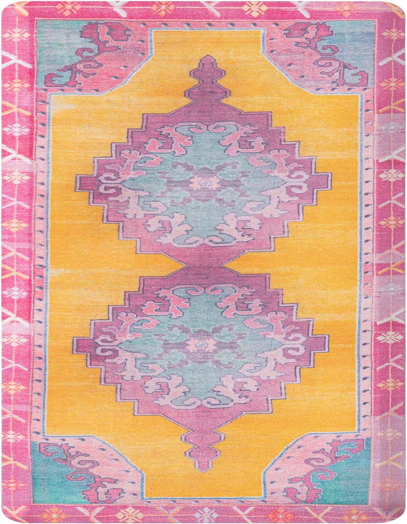 A 2x5 rectangular Comfort Mat rug in sunburst yellow and pink with a vibrant, intricate geometric pattern.