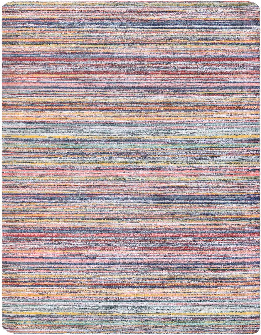 A rectangular 2x5 multi-colored rug with horizontal stripes in various shades of red, blue, yellow, and green, suitable for a patio.