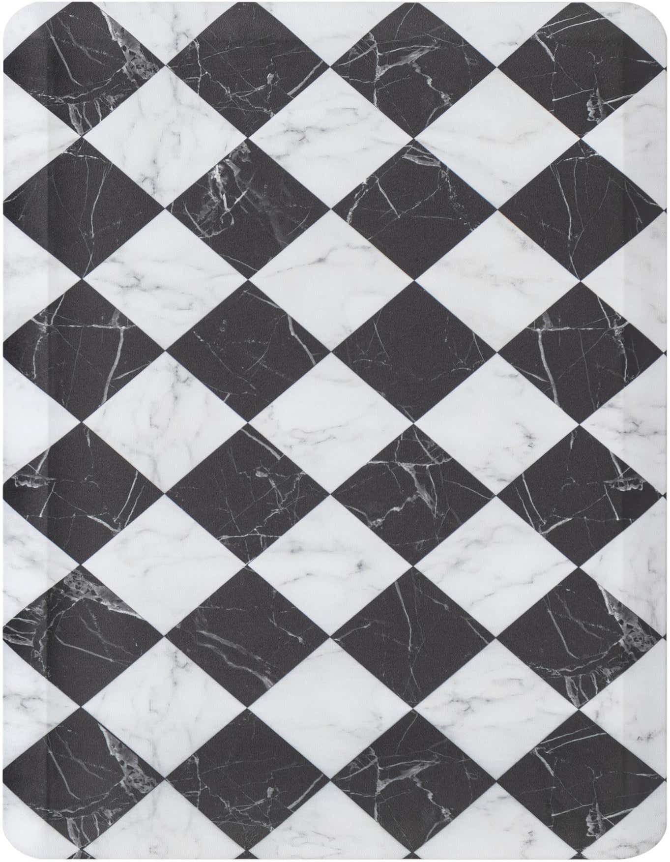 A 2x3 rectangular rug featuring a bold black and white checkerboard pattern with a subtle marble texture on each square.