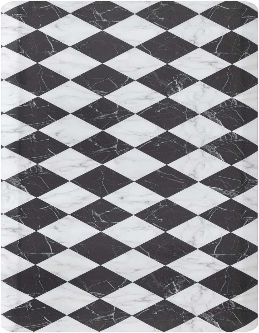 A 2x5 rectangular rug featuring a bold black and white checkerboard pattern with a marble texture, suitable for indoor use.