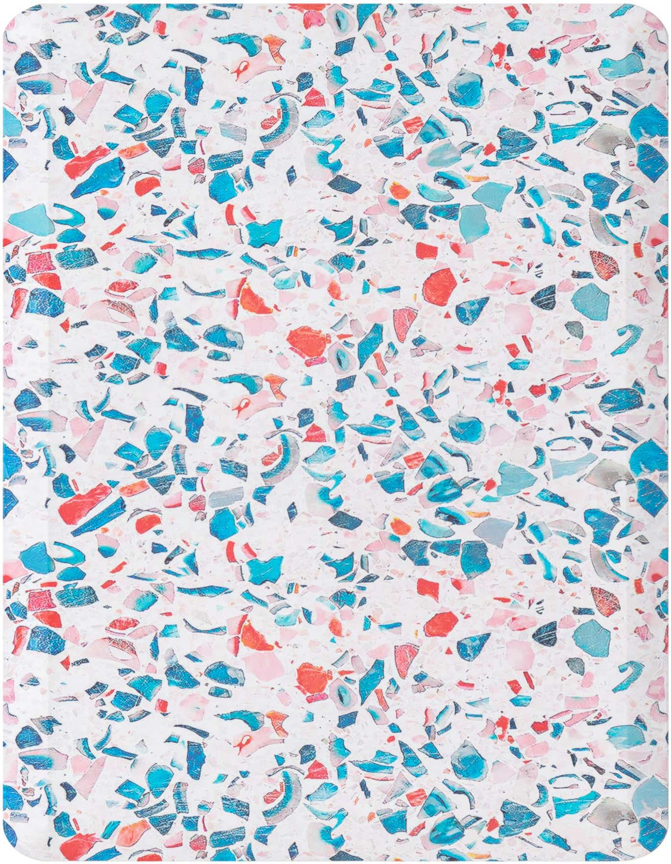 A vibrant 2x3 rectangular rug with a multi-colored terrazzo-like pattern featuring shades of blue, red, and pink on a white background.