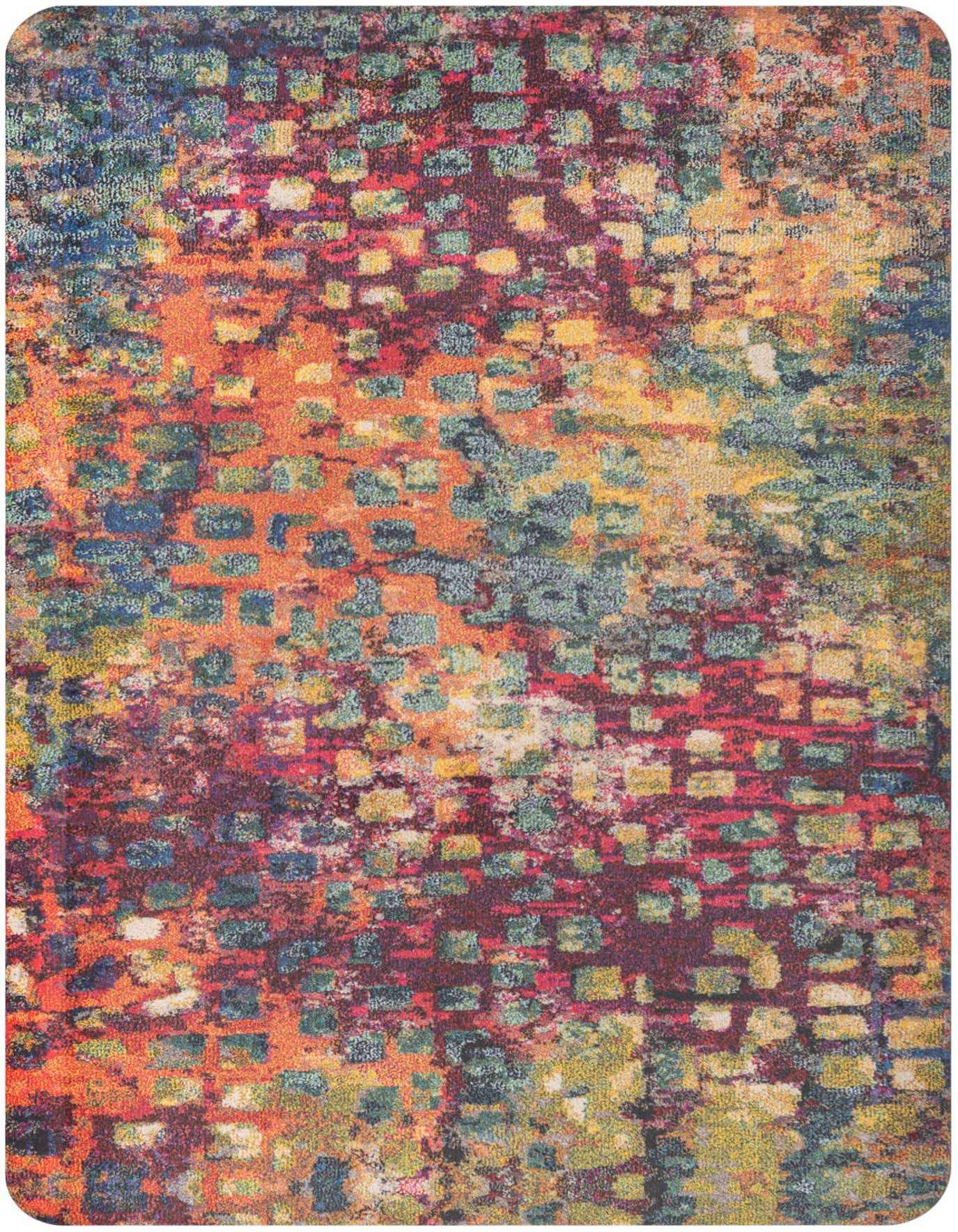 A rectangular 2x3 multi-colored rug with an abstract, distressed pattern in shades of orange, red, blue, green, and yellow.