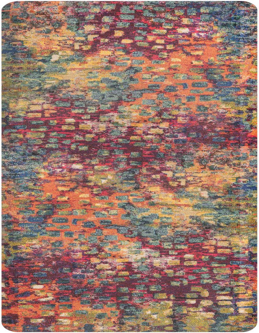 A 2x5 multi-colored rectangular rug with an abstract, pixelated pattern in shades of orange, red, blue, green, and yellow.
