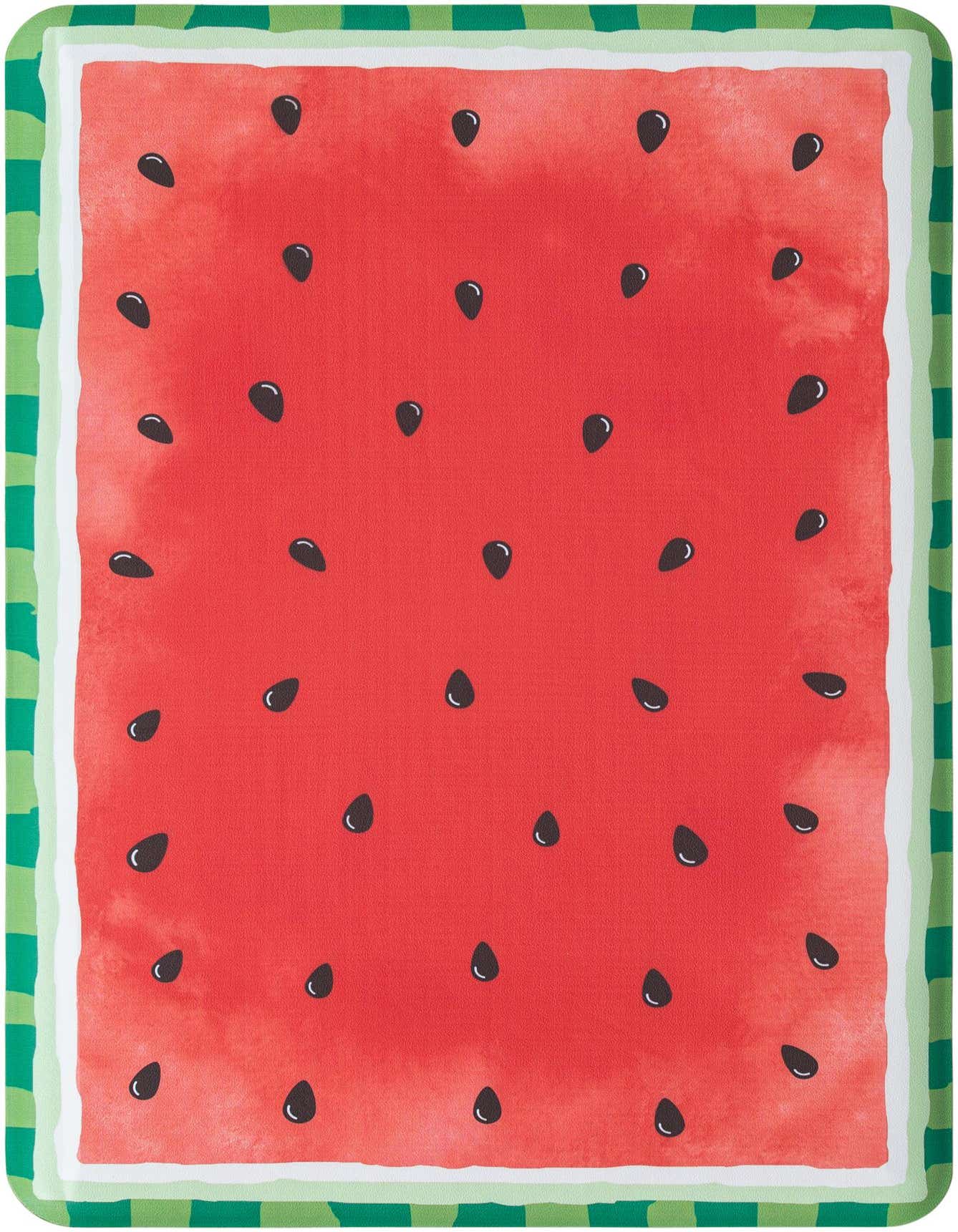 A rectangular 2x3 rug with a vibrant red watermelon slice pattern, complete with black seeds and a green striped rind border.