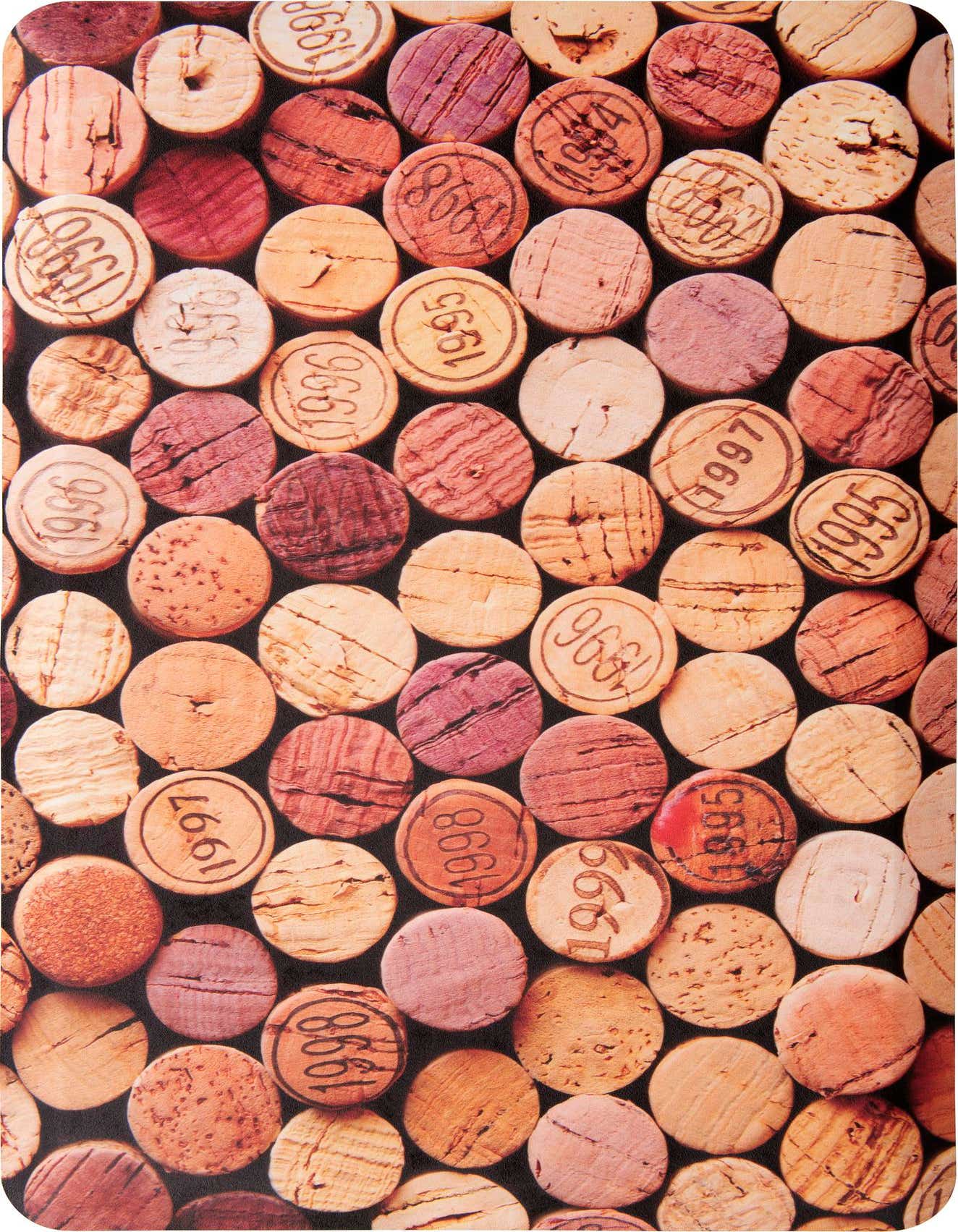 A rectangular 2x3 multi-colored rug featuring a pattern of various wine corks with different years and markings.