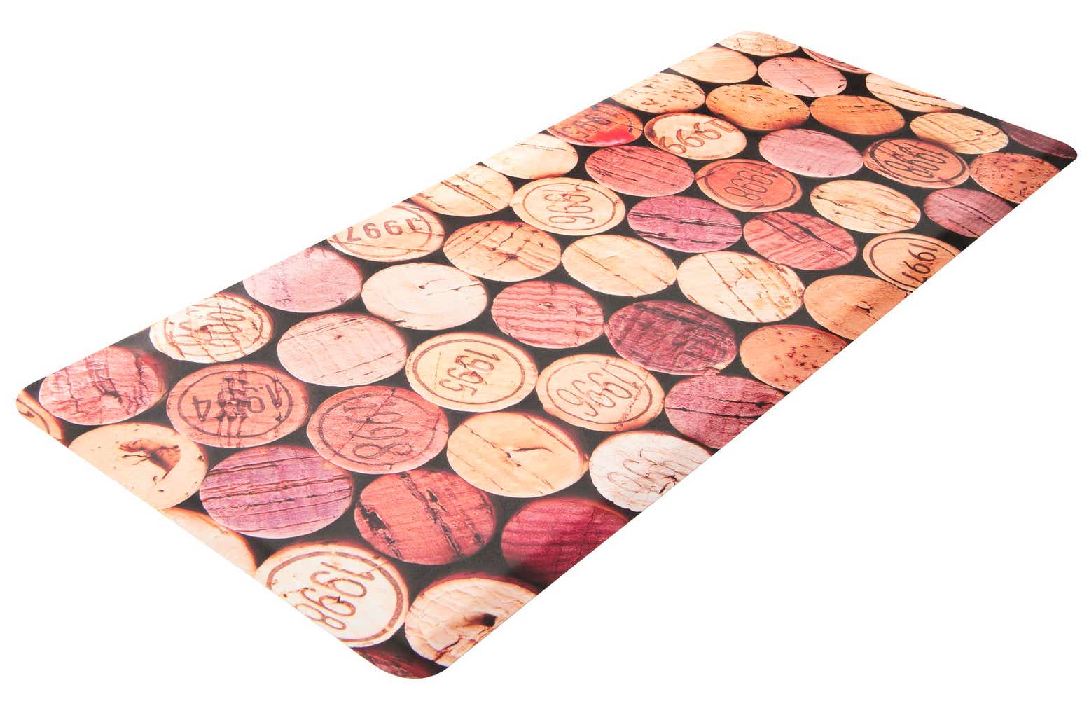 A rectangular 2x5 multi-colored rug featuring a pattern of various wine corks with different vintage dates.