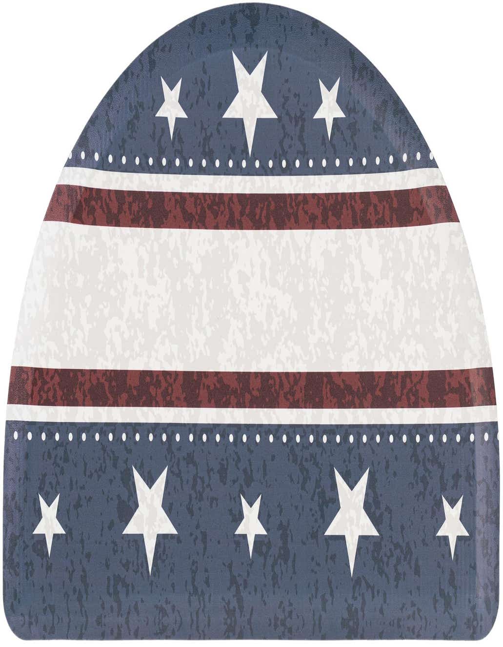 A 2'x3' hearth-shaped mat with a distressed American flag design, featuring blue fields with white stars and red and white stripes.