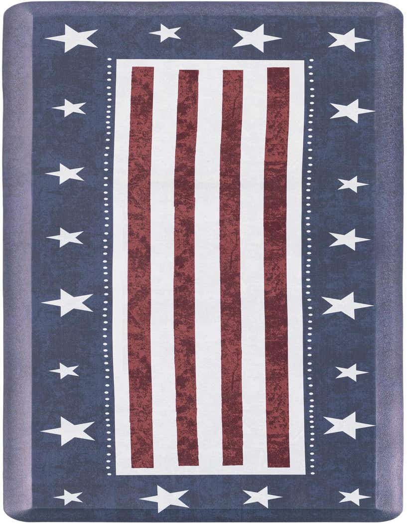 A 2x5 rectangular comfort mat featuring a distressed American flag design with red and white stripes and blue borders with white stars.