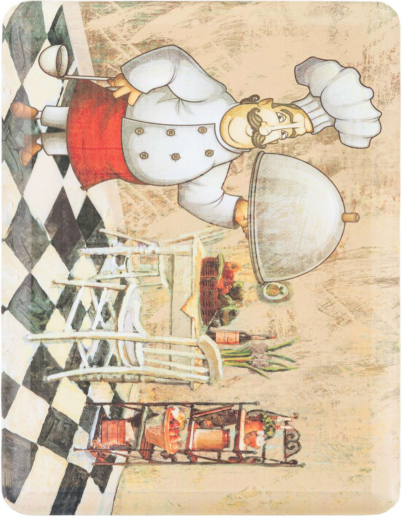 A whimsical kitchen mat with a cartoon chef holding a cloche, standing on a black and white checkered floor, surrounded by cooking elements.
