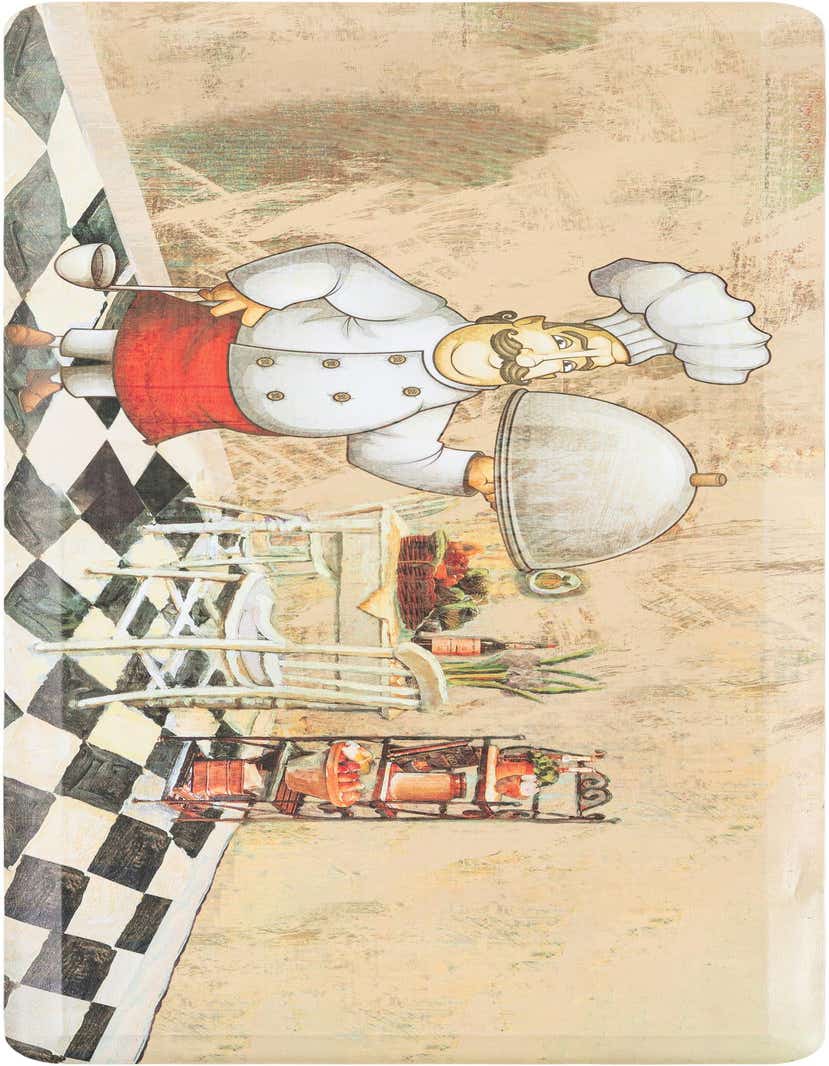 A rectangular kitchen mat featuring a cartoon chef in white and red, holding a cloche, with a checkered floor and kitchen items.