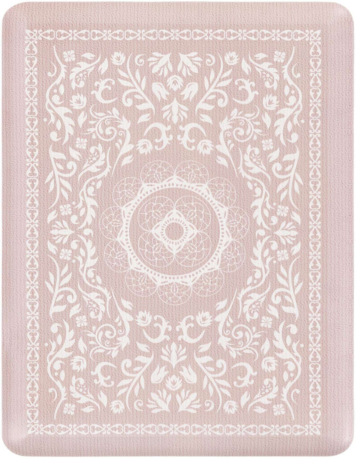 A rectangular 2x3 brown Comfort Mat rug with an intricate ivory floral and medallion pattern, featuring a decorative border.
