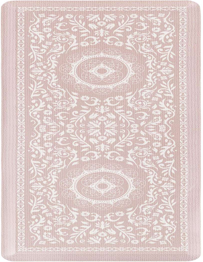 A 2x5 rectangular comfort mat in light brown with an intricate ivory floral and medallion pattern, ideal for a patio.