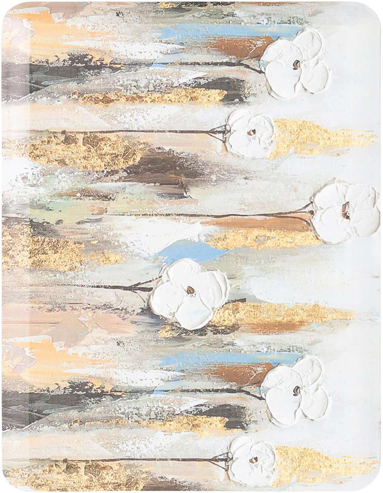 A rectangular multi-colored comfort mat featuring an abstract design with white floral accents and gold textured strokes.
