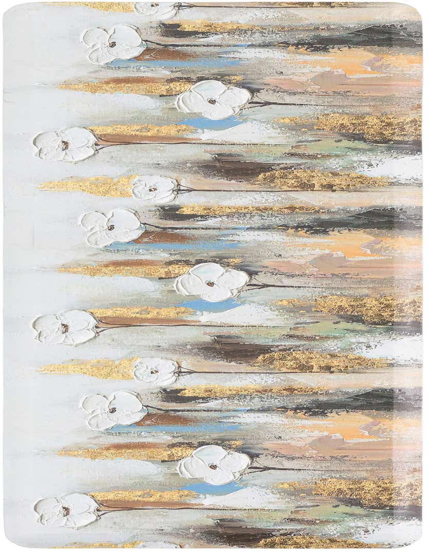A rectangular multi-colored comfort mat featuring a textured abstract floral design with white flowers and gold accents.