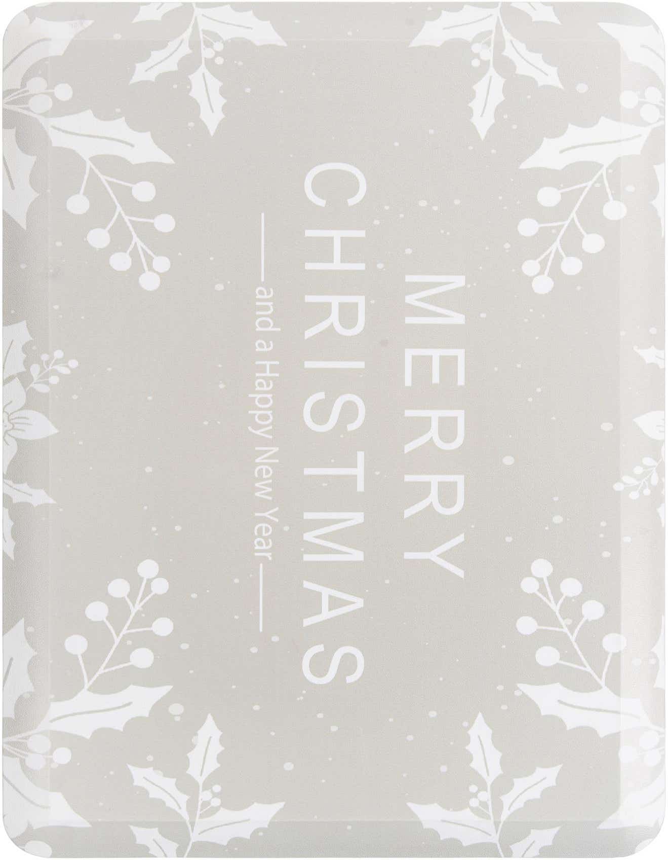 A rectangular gray Christmas rug with white holly and berries border, featuring 'MERRY CHRISTMAS and a Happy New Year' text.