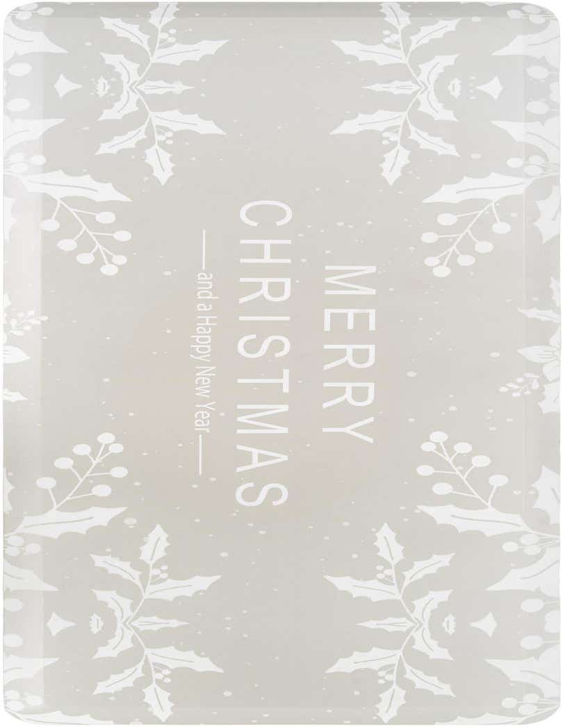 A rectangular gray Comfort Mat with white holly and berry patterns along the edges, and the text 'MERRY CHRISTMAS and a Happy New Year' in the center.