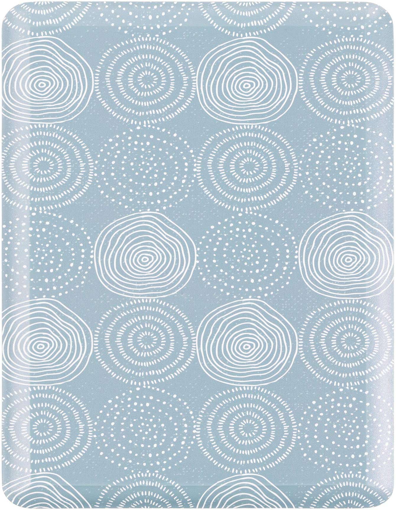 A 2x3 rectangular blue Comfort Mat rug with a modern abstract pattern of white concentric circles and dotted patterns.